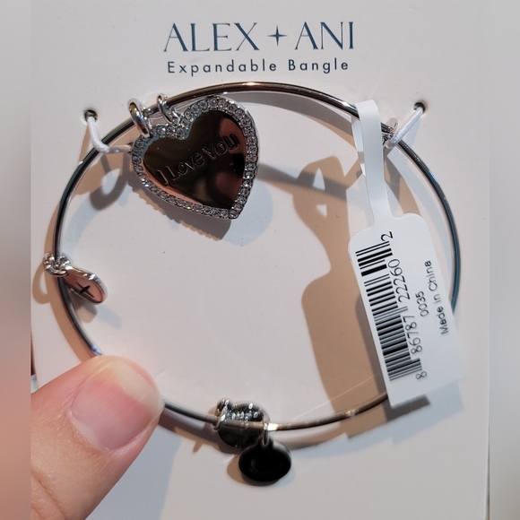 NWT Alex and Ani Silver Tone Crystal I Love You Expandable Charm Bangle Bracelet - Picture 5 of 5